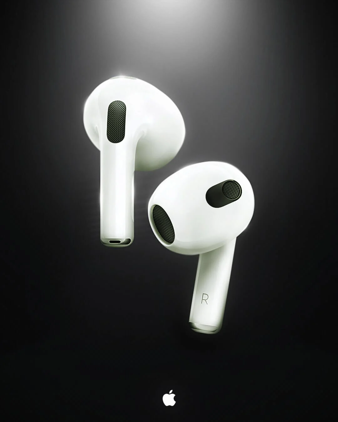 Fones AirPods brancos fotografados contra um fundo preto